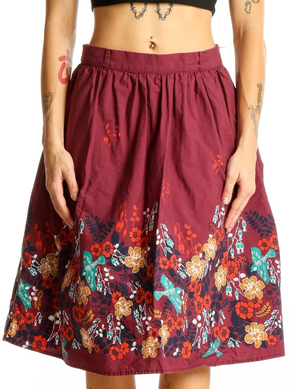 ModCloth Burgundy Floral Border Skirt with Teal Accents
